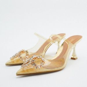 Zara NWT EMBELLISHED VINYL HEELED MULES, size 6